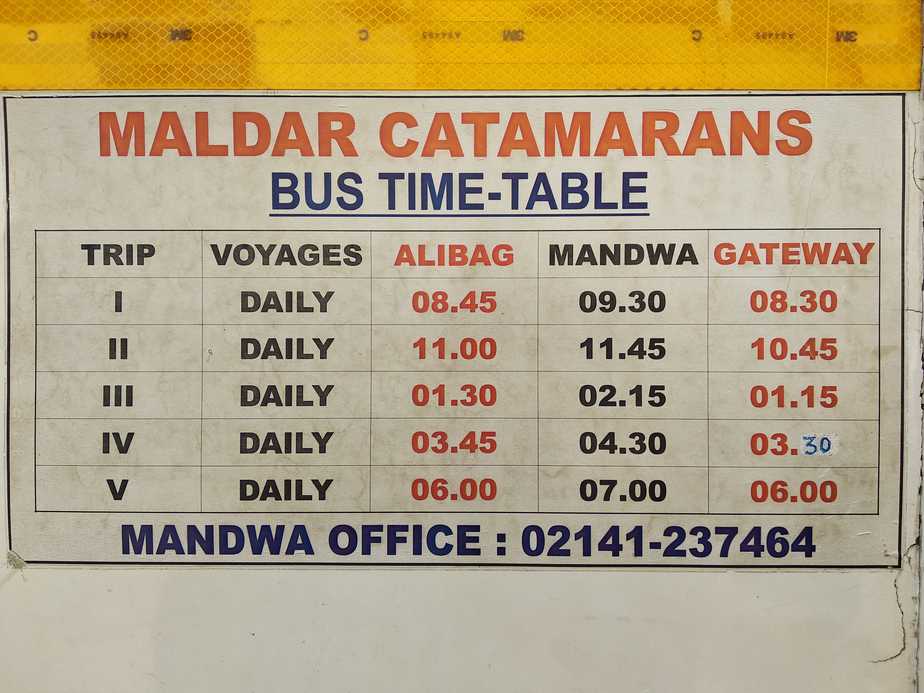 Maldar Catamaran bus timing from Alibaug, Mandwa, and Gateway
